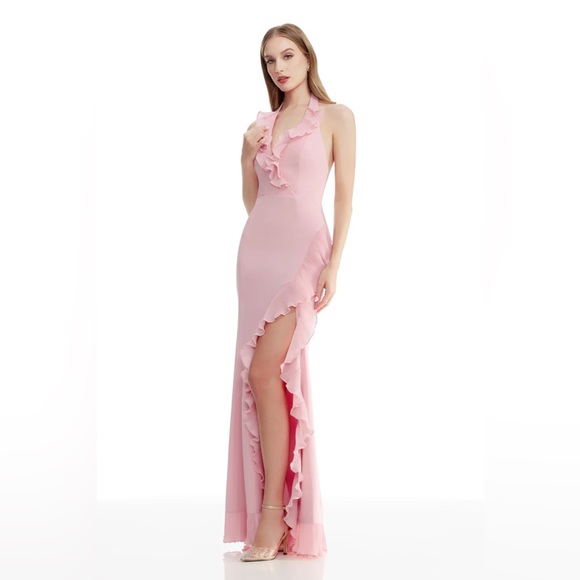 Dress the Population Pink Ruffle Halter High-Slit Maxi Dress Dress the Population Pink Ruffle Halter High-Slit Maxi Dress